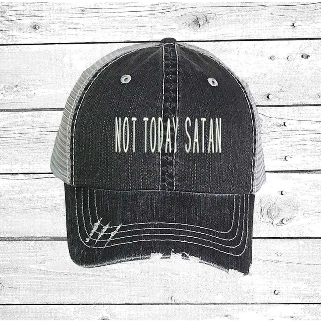 Black distressed trucker hat embroidered with the phrase Not Today Satan - DSY Lifestyle