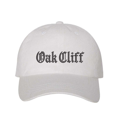 White Oak Cliff Old English script Embroidered Baseball Hat in soft cotton with curved brim and adjustable hook and loop closure, designed for streetwear and everyday wear - DSY Lifestyle