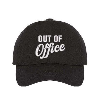 Black Out of Office Embroidered Baseball Hat in breathable cotton with pre-curved brim and adjustable hook and loop closure, styled for vacation or casual wear. DSY Lifestyle.