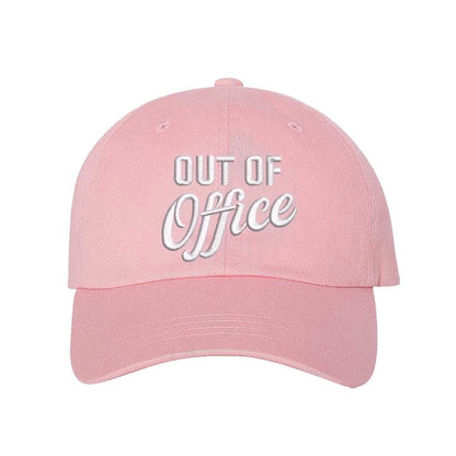 Light Pink Out of Office Embroidered Baseball Hat in breathable cotton with pre-curved brim and adjustable hook and loop closure, styled for vacation or casual wear. DSY Lifestyle.