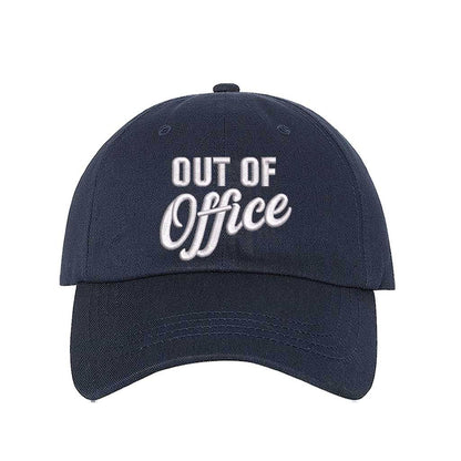 Navy Blue Out of Office Embroidered Baseball Hat in breathable cotton with pre-curved brim and adjustable hook and loop closure, styled for vacation or casual wear. DSY Lifestyle.