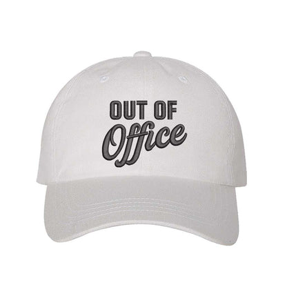 White Out of Office Embroidered Baseball Hat in breathable cotton with pre-curved brim and adjustable hook and loop closure, styled for vacation or casual wear. DSY Lifestyle.