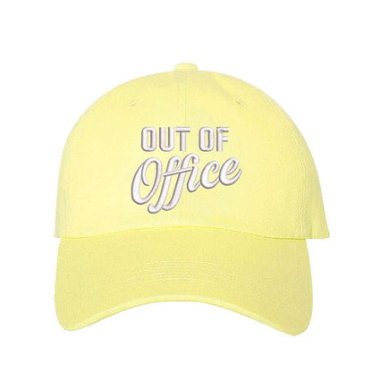 Yellow Out of Office Embroidered Baseball Hat in breathable cotton with pre-curved brim and adjustable hook and loop closure, styled for vacation or casual wear. DSY Lifestyle.