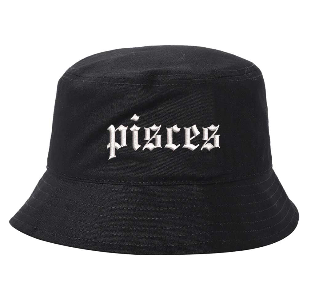 Black Pisces Zodiac Embroidered Bucket Hat featuring sharp white embroidery on a premium cotton crown with a structured brim; a sophisticated astrological statement piece by DSY Lifestyle.