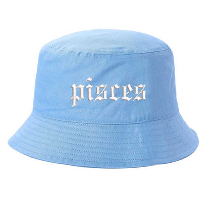Light Blue Pisces Zodiac Embroidered Bucket Hat featuring sharp white embroidery on a premium cotton crown with a structured brim; a sophisticated astrological statement piece by DSY Lifestyle.