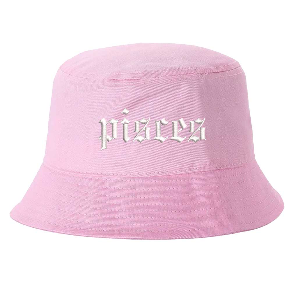 Light Pink Pisces Zodiac Embroidered Bucket Hat featuring sharp white embroidery on a premium cotton crown with a structured brim; a sophisticated astrological statement piece by DSY Lifestyle.