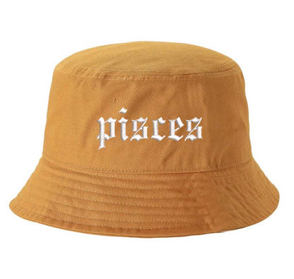 Mustard Pisces Zodiac Embroidered Bucket Hat featuring sharp white embroidery on a premium cotton crown with a structured brim; a sophisticated astrological statement piece by DSY Lifestyle.