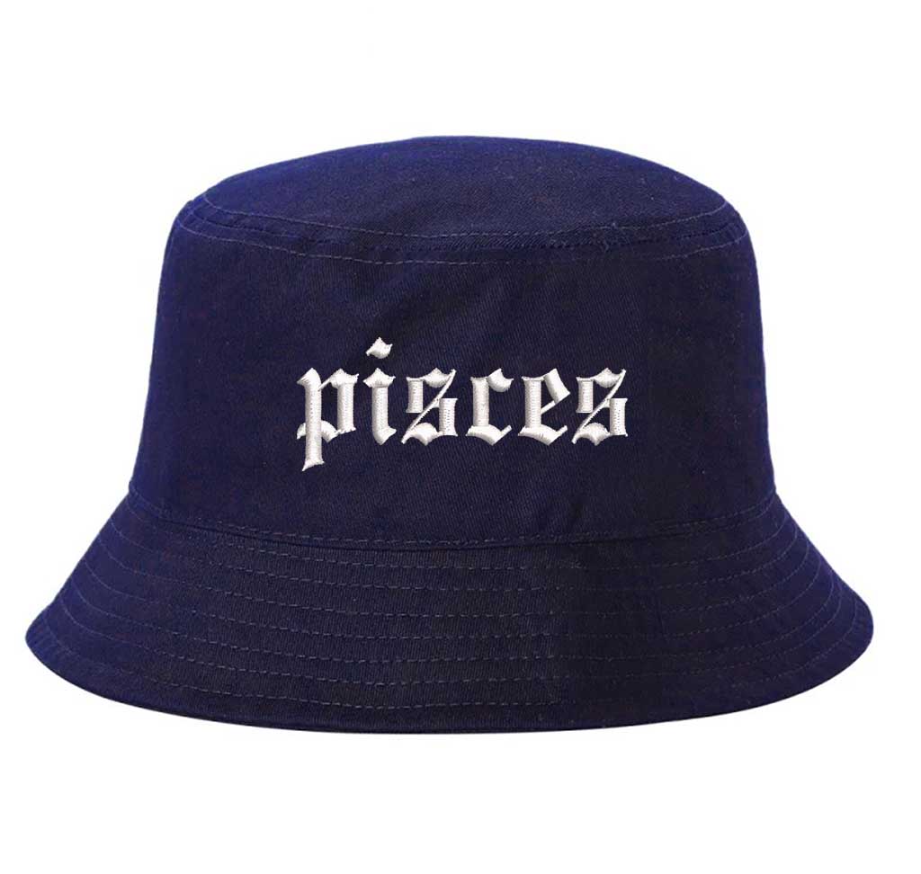 Navy Blue Pisces Zodiac Embroidered Bucket Hat featuring sharp white embroidery on a premium cotton crown with a structured brim; a sophisticated astrological statement piece by DSY Lifestyle.