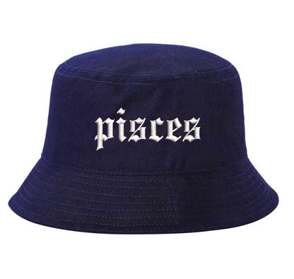 Navy Blue Pisces Zodiac Embroidered Bucket Hat featuring sharp white embroidery on a premium cotton crown with a structured brim; a sophisticated astrological statement piece by DSY Lifestyle.