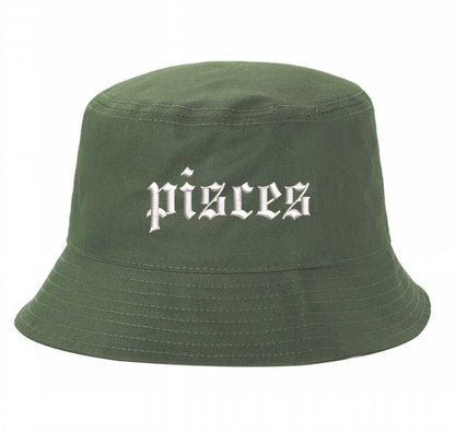 Olive Green Pisces Zodiac Embroidered Bucket Hat featuring sharp white embroidery on a premium cotton crown with a structured brim; a sophisticated astrological statement piece by DSY Lifestyle.