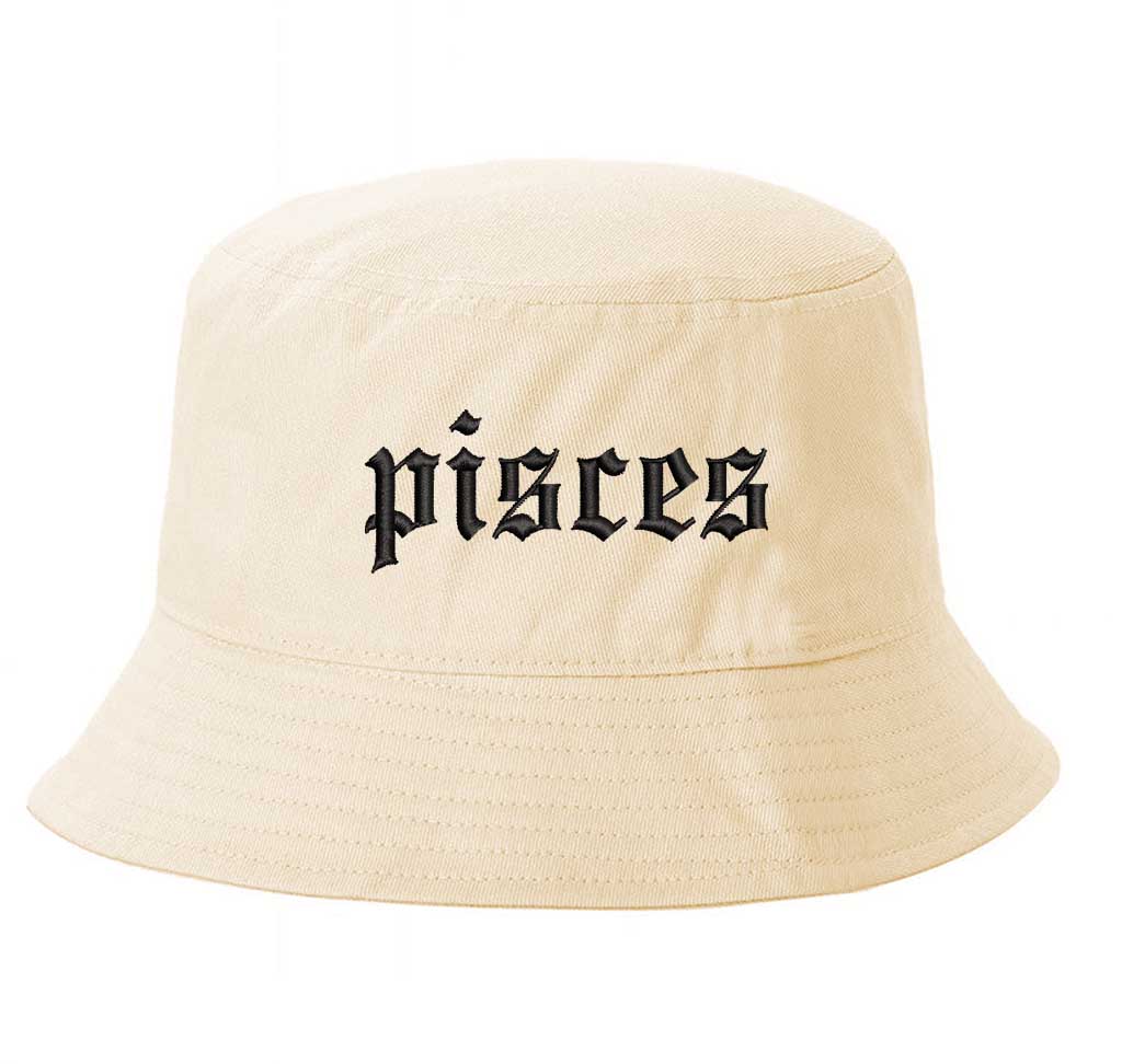 Stone Pisces Zodiac Embroidered Bucket Hat featuring sharp black embroidery on a premium cotton crown with a structured brim; a sophisticated astrological statement piece by DSY Lifestyle.
