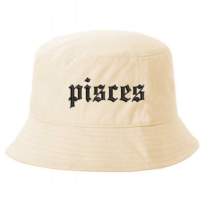 Stone Pisces Zodiac Embroidered Bucket Hat featuring sharp black embroidery on a premium cotton crown with a structured brim; a sophisticated astrological statement piece by DSY Lifestyle.