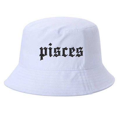 White Pisces Zodiac Embroidered Bucket Hat featuring sharp black embroidery on a premium cotton crown with a structured brim; a sophisticated astrological statement piece by DSY Lifestyle.