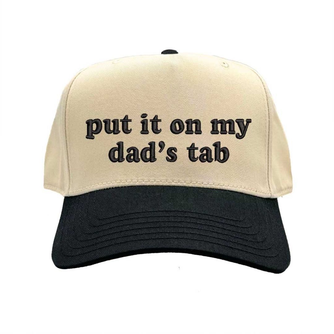 Natural Black Put It On My Dad’s Tab embroidered two-tone baseball hat with snapback closure and retro 5-panel design – DSY Lifestyle.
