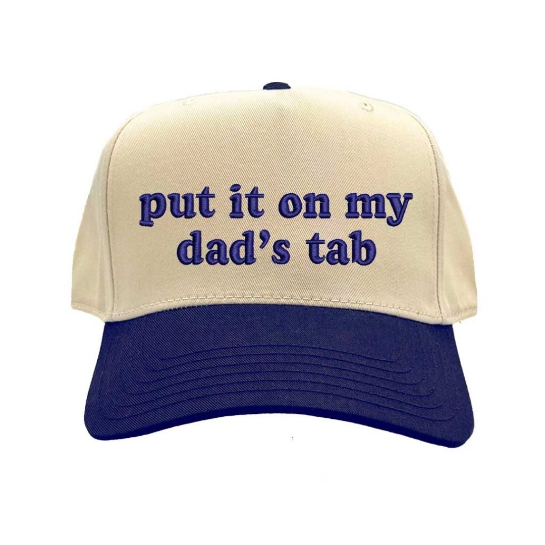 Natural Navy Blue Put It On My Dad’s Tab embroidered two-tone baseball hat with snapback closure and retro 5-panel design – DSY Lifestyle.