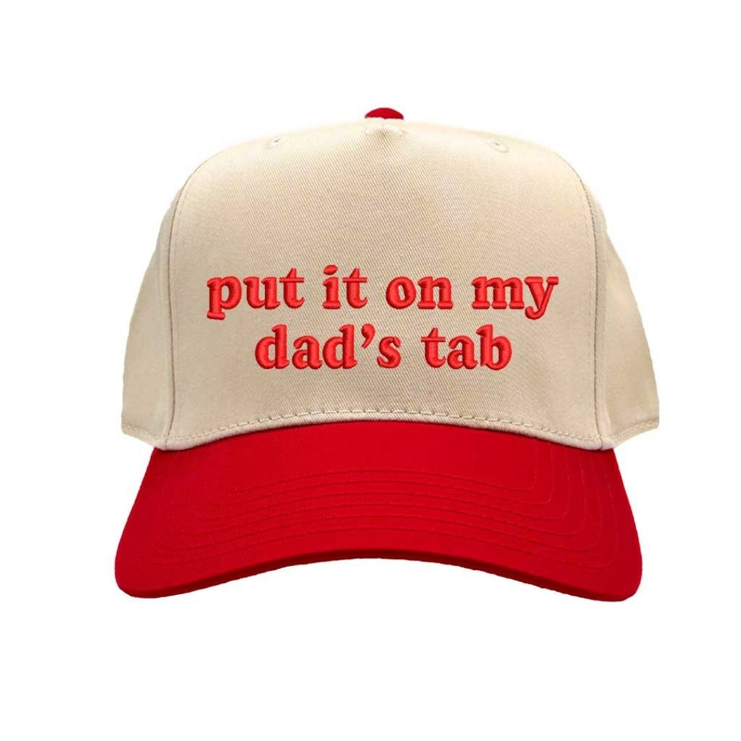 Natural Red Put It On My Dad’s Tab embroidered two-tone baseball hat with snapback closure and retro 5-panel design – DSY Lifestyle.