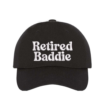 Black Retired Baddie Embroidered Baseball Hat with curved brim and adjustable strap, styled for casual everyday wear. – DSY Lifestyle.