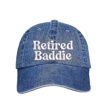 Light Denim Retired Baddie Embroidered Baseball Hat with curved brim and adjustable strap, styled for casual everyday wear. – DSY Lifestyle.