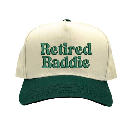 Natural Forest Green Unisex, low-profile 5-panel “Retired Baddie” stitched in bold, luxe thread Adjustable snapback closure - DSY Lifestyle