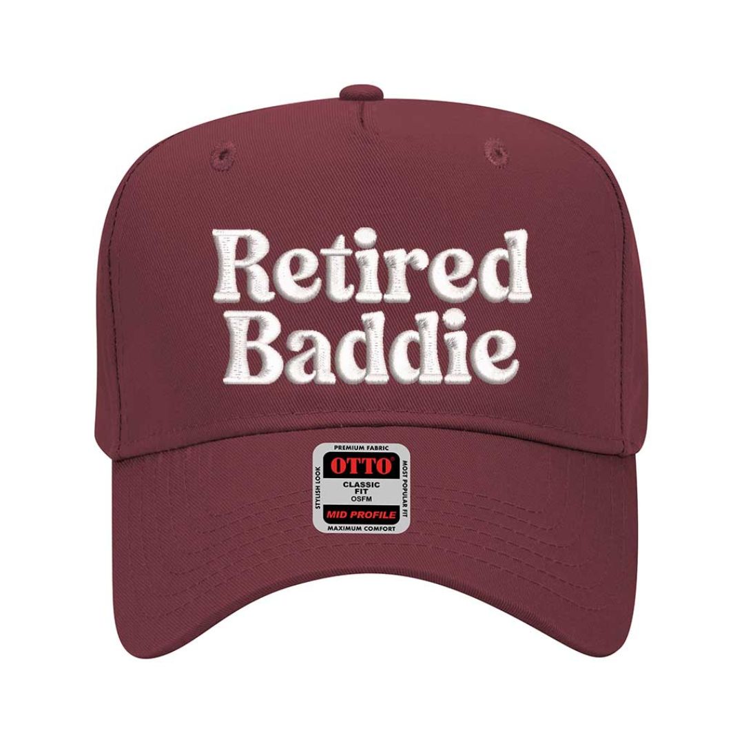 Solid Maoon Unisex, low-profile 5-panel “Retired Baddie” stitched in bold, luxe thread Adjustable snapback closure - DSY Lifestyle