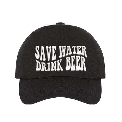 Black Save Water Drink Beer Embroidered Baseball Hat in classic cotton with curved brim and adjustable hook and loop closure, perfect for beer lovers. DSY Lifestyle.