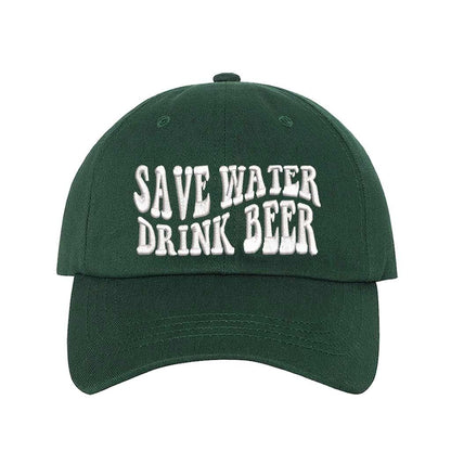 Forest Green Save Water Drink Beer Embroidered Baseball Hat in classic cotton with curved brim and adjustable hook and loop closure, perfect for beer lovers. DSY Lifestyle.