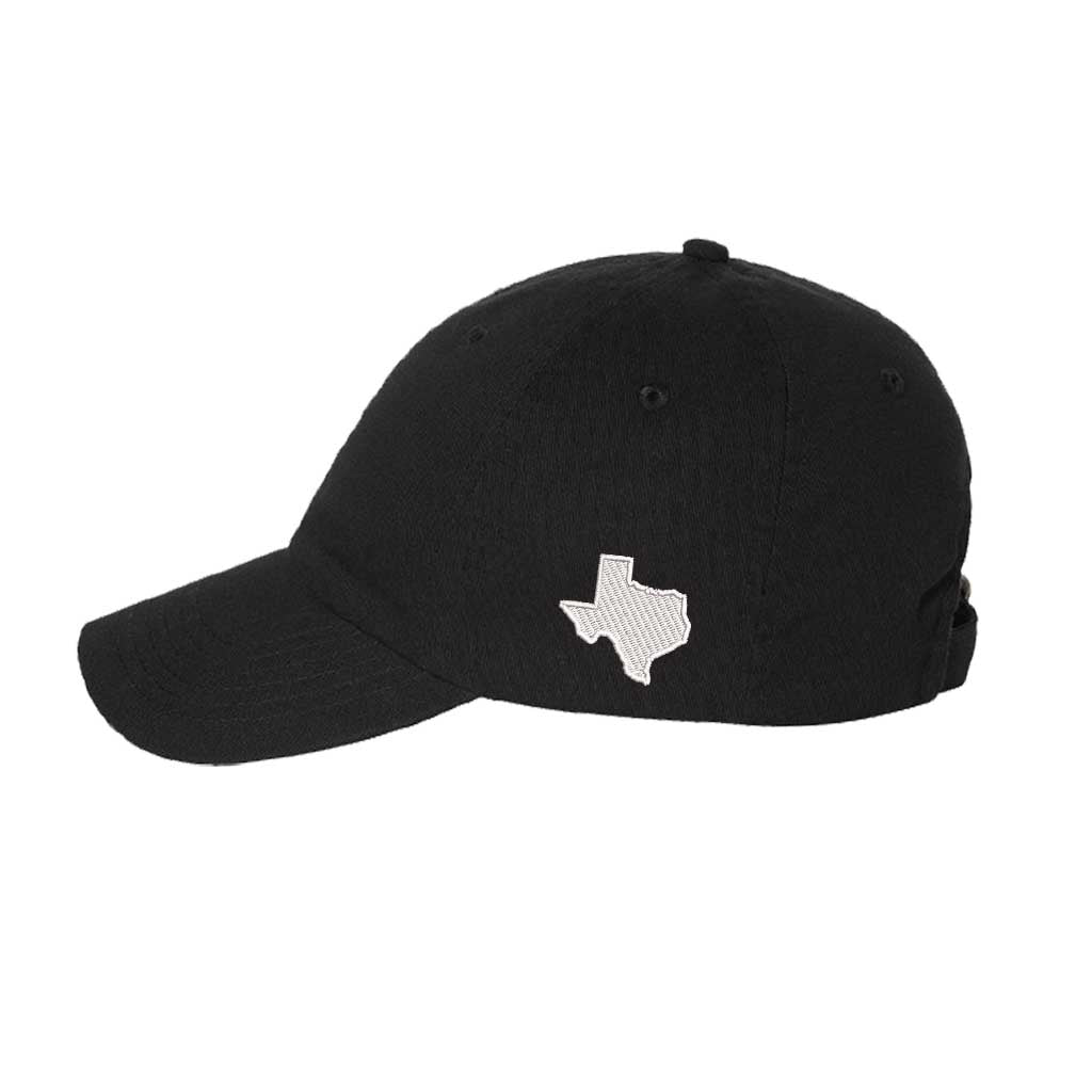Black side view Dallas Texas embroidered baseball hat with Texas map design. A statement baseball hat for women who love Texas pride, street style, and effortless outfits. - DSY Lifestyle