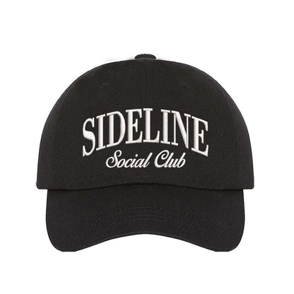 Black Sideline Social Club Embroidered Baseball Hat with 3D raised embroidery, adjustable strap, and breathable cotton design. - DSY Lifestyle