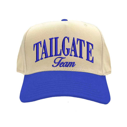 Natural Royal Blue Tailgate Team embroidered two-tone 5-panel baseball hat with adjustable snapback closure and retro football fan design – DSY Lifestyle.