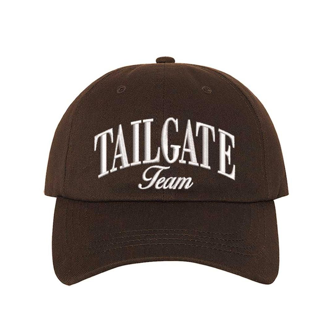 Brown Tailgate Team Embroidered Baseball Hat with raised stitching, adjustable hook-and-loop closure, and breathable cotton design for football fans. – DSY Lifestyle