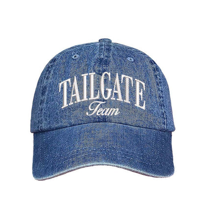 Light Denim Tailgate Team Embroidered Baseball Hat with raised stitching, adjustable hook-and-loop closure, and breathable cotton design for football fans. – DSY Lifestyle