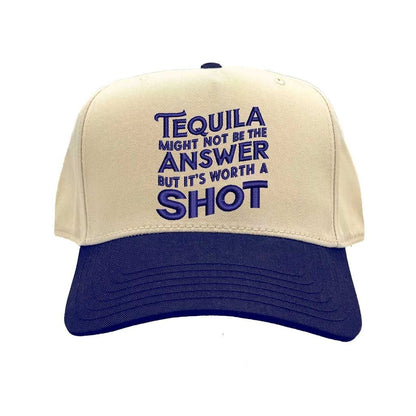 Natural Navy Blue “Tequila Might Not Be the Answer but It’s Worth the Shot” embroidered quote on a two-tone 5-panel baseball cap with adjustable strap and bold design for fun-loving men and women – DSY Lifestyle.