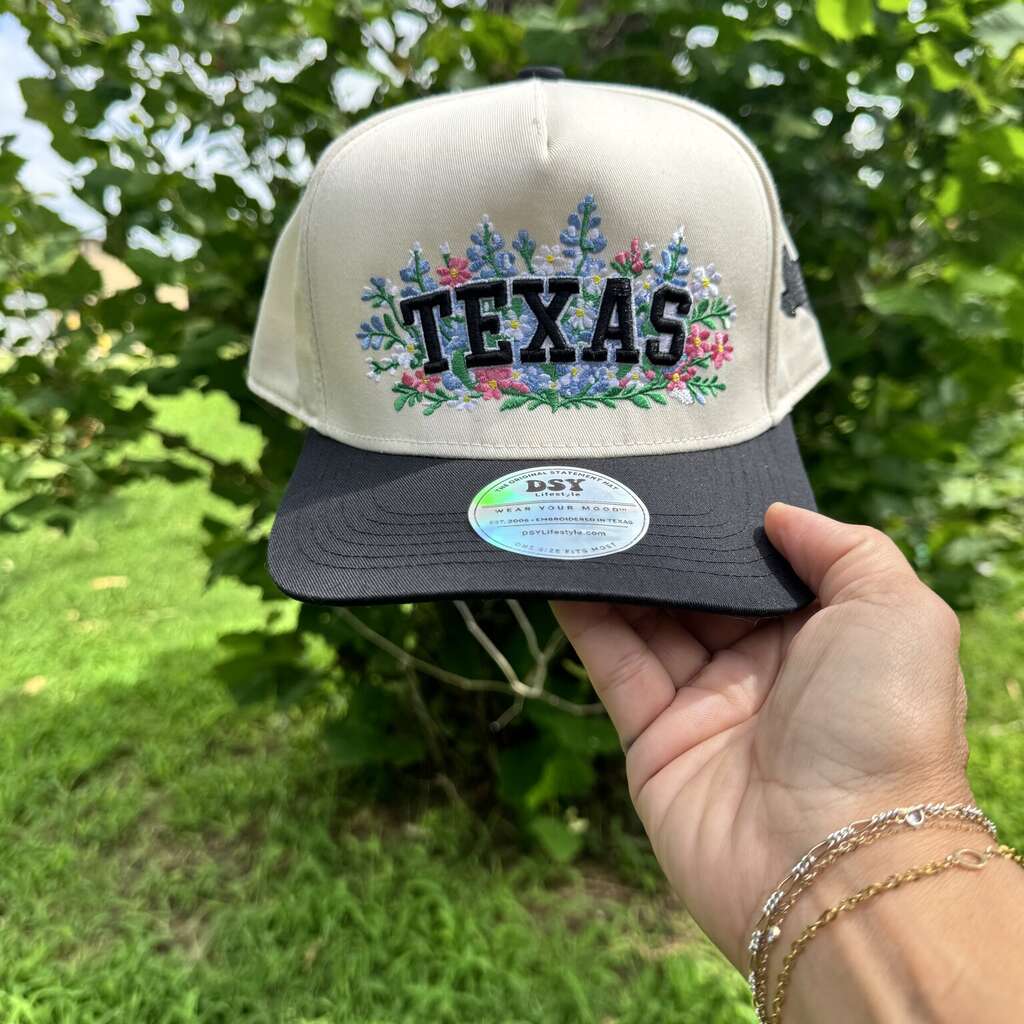 Texas Wildflowers embroidered statement baseball hat in natural with black bill — DSY Lifestyle front view