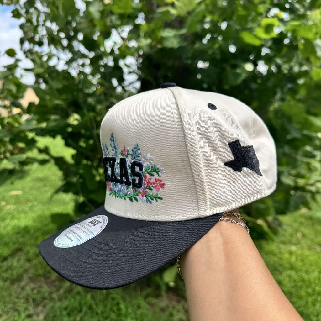 Texas Wildflowers embroidered statement baseball hat in natural with black bill — DSY Lifestyle side view