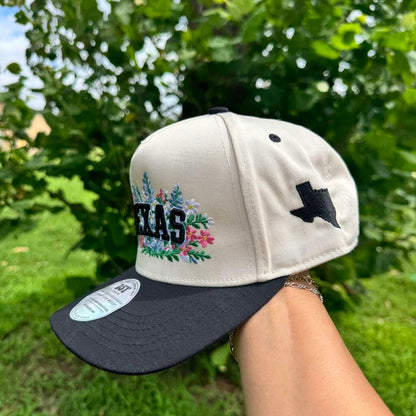 Texas Wildflowers embroidered statement baseball hat in natural with black bill — DSY Lifestyle side view