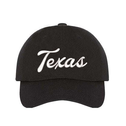Black Texas Script 3D Embroidered Baseball Hat with bold raised lettering, curved brim, and adjustable strap for a perfect fit. DSY Lifestyle.