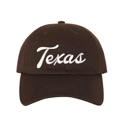 Brown Texas Script 3D Embroidered Baseball Hat with bold raised lettering, curved brim, and adjustable strap for a perfect fit. DSY Lifestyle.