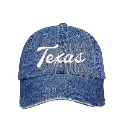 Light Denim Texas Script 3D Embroidered Baseball Hat with bold raised lettering, curved brim, and adjustable strap for a perfect fit. DSY Lifestyle.