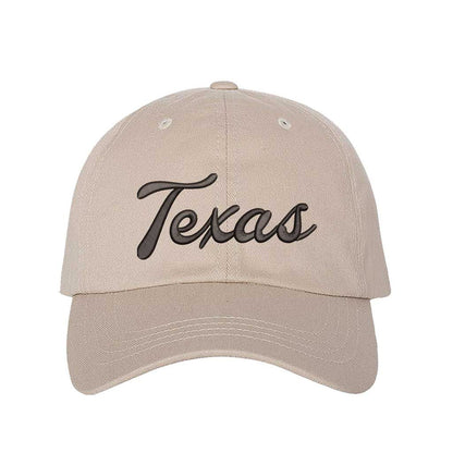 Stone Texas Script 3D Embroidered Baseball Hat with bold raised lettering, curved brim, and adjustable strap for a perfect fit. DSY Lifestyle.