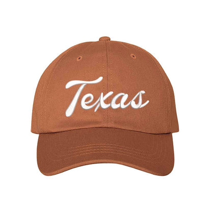 Texas Orange Texas Script 3D Embroidered Baseball Hat with bold raised lettering, curved brim, and adjustable strap for a perfect fit. DSY Lifestyle.
