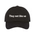 Black baseball hat embroidered with the phrase They Not Like Us -DSY Lifestyle