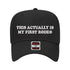 Solid Black embroidered hat that reads “This Actually Is My First Rodeo” in bold lettering; adjustable strap and curved bill; trendy unstructured cap for moms - DSY Lifestyle