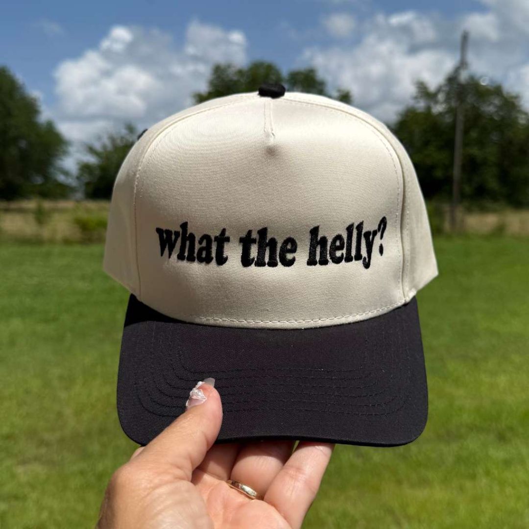 Natural Black Two-tone 5-panel embroidered baseball hat featuring the phrase “What the Helly?” in bold stitching, adjustable snapback closure – DSY Lifestyle
