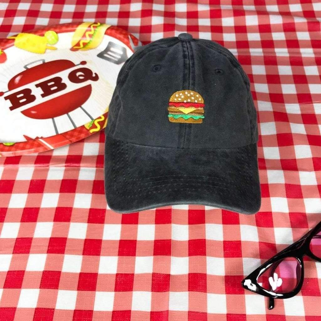 Embroidered Hamburger on black washed baseball hat - DSY Lifestyle