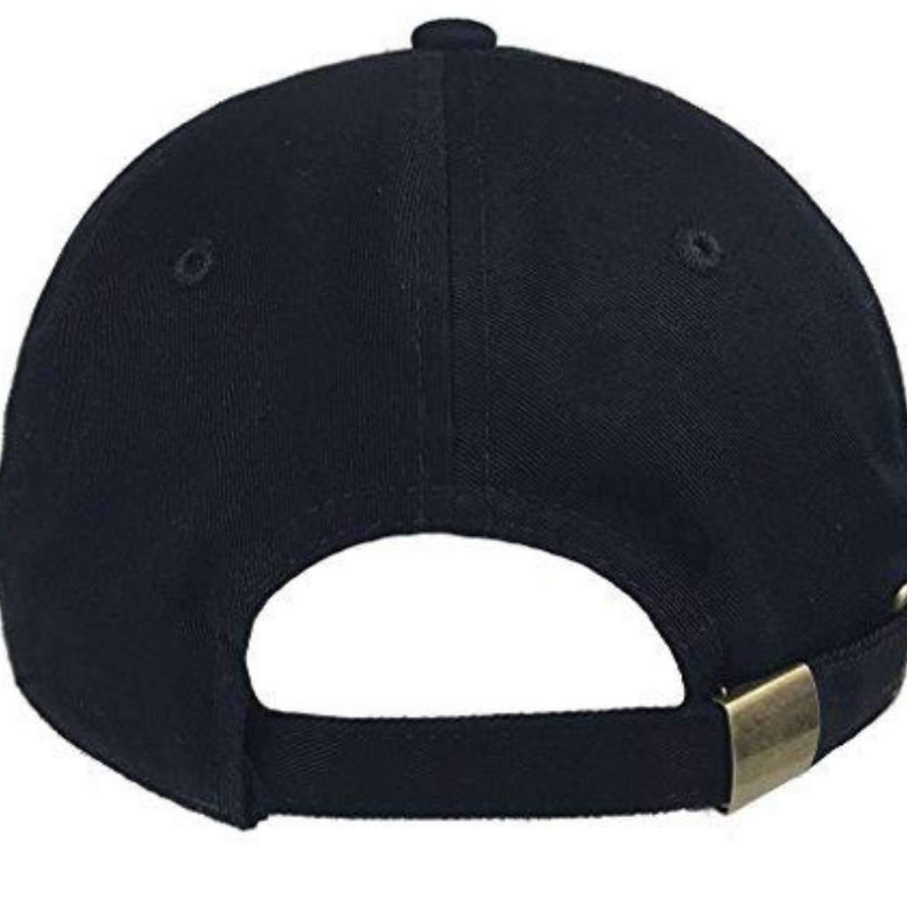 Back side of baseball hat with brass adjustable buckle