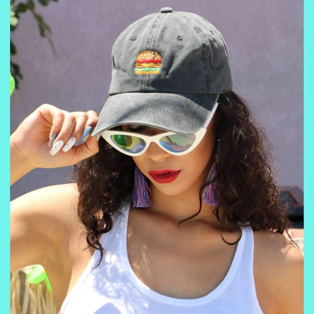 Embroidered Hamburger on black washed baseball hat - DSY Lifestyle