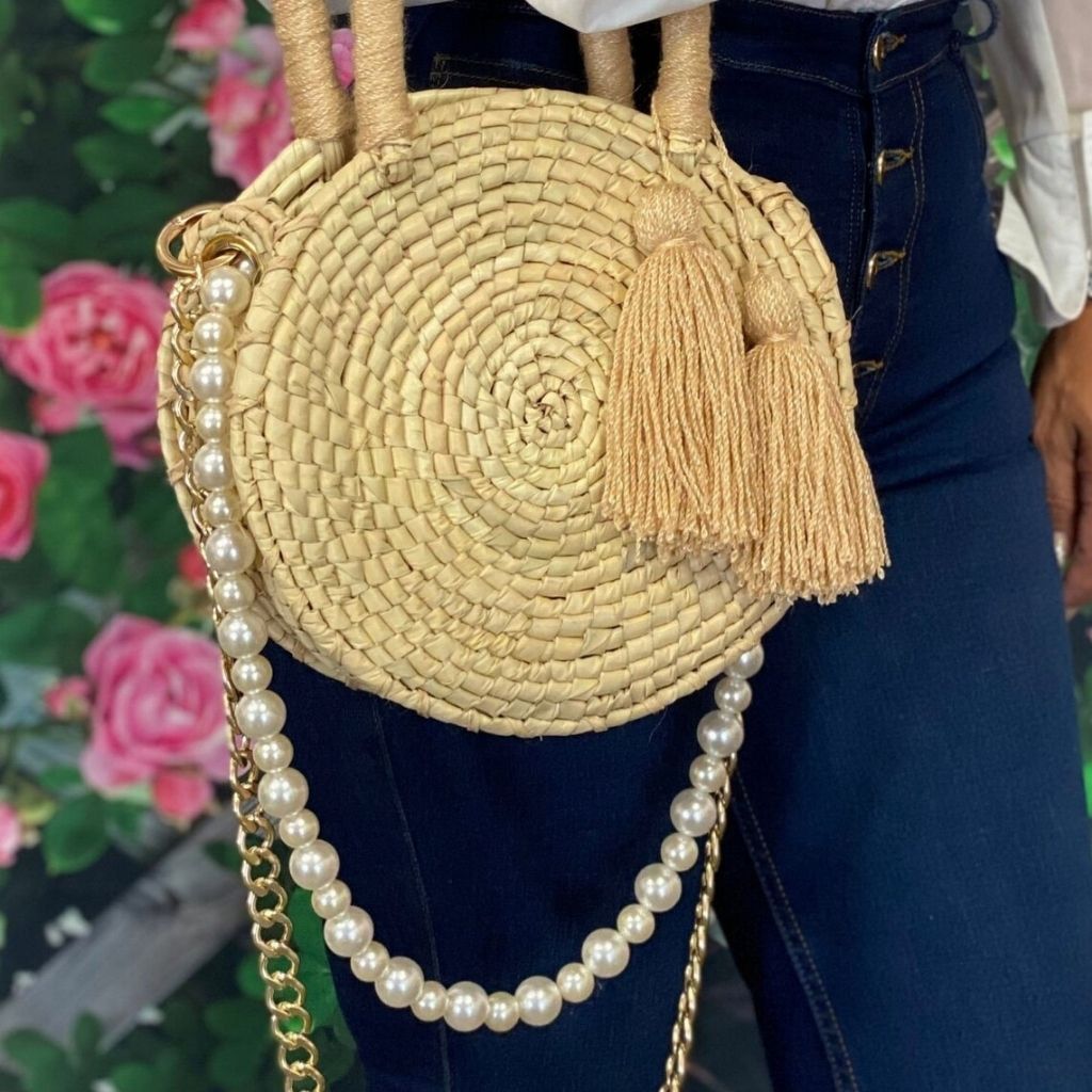 Round Palm purse with tassels Pearl Handles and Chain Handle - DSY Lifestyle
