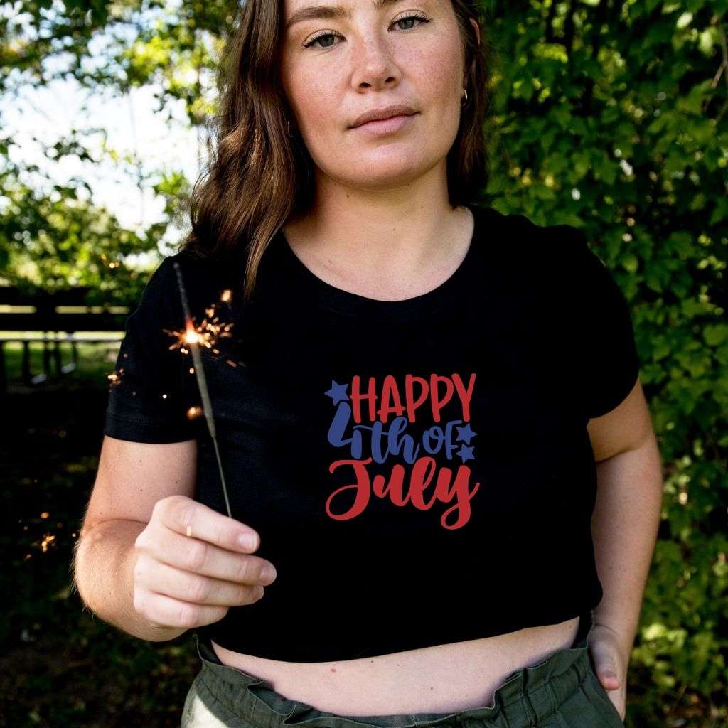Model wearing black crop top with Happy 4th of July printed - DSY Lifestyle