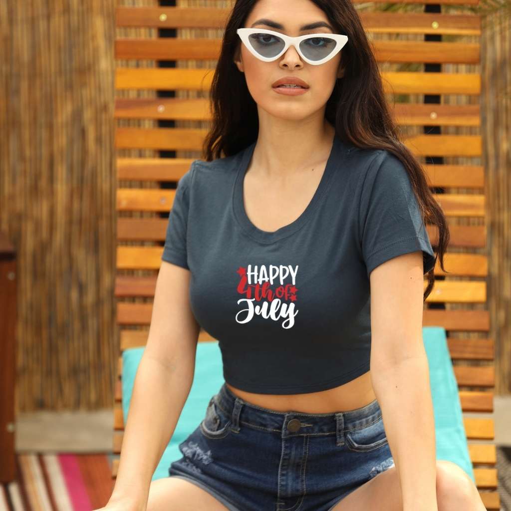 Model wearing grey crop top with Happy 4th of July printed - DSY Lifestyle