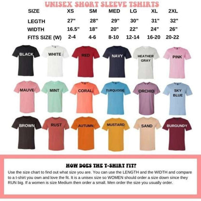 Unisex t-shirts size and color chart available in black  white red navy heather gray pink mauve mint coral turquoise orchid sky blue brown rust autumn mustard sand and burgundy DSY Lifestyle